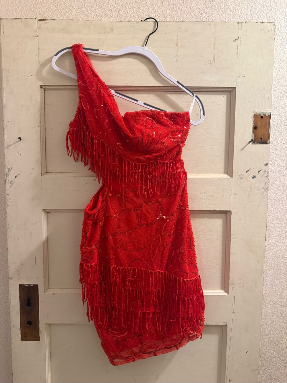 Red Sequin Fringe One Shoulder Flapper Showgirl Mini Dress